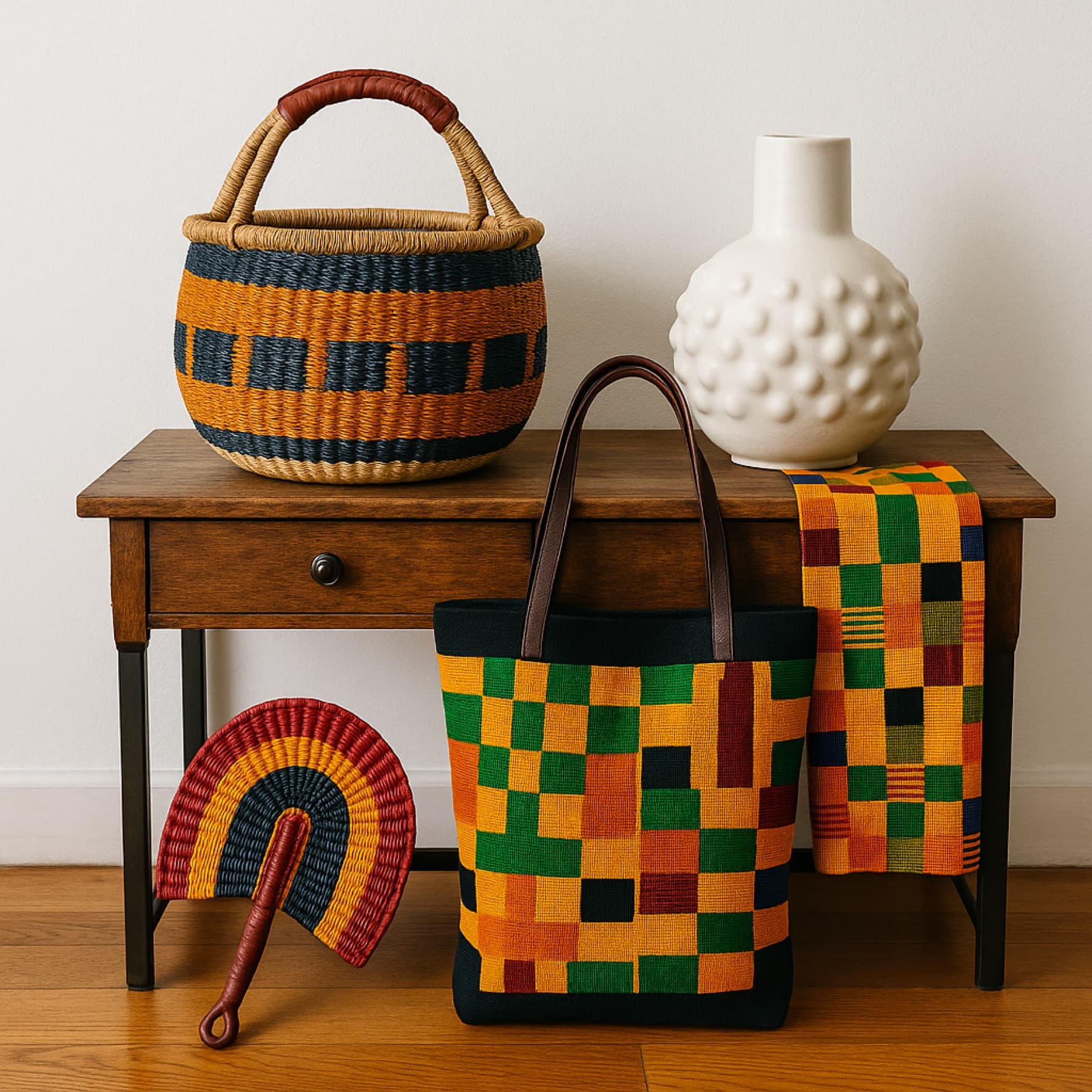 Fans, bags, and baskets from the collection